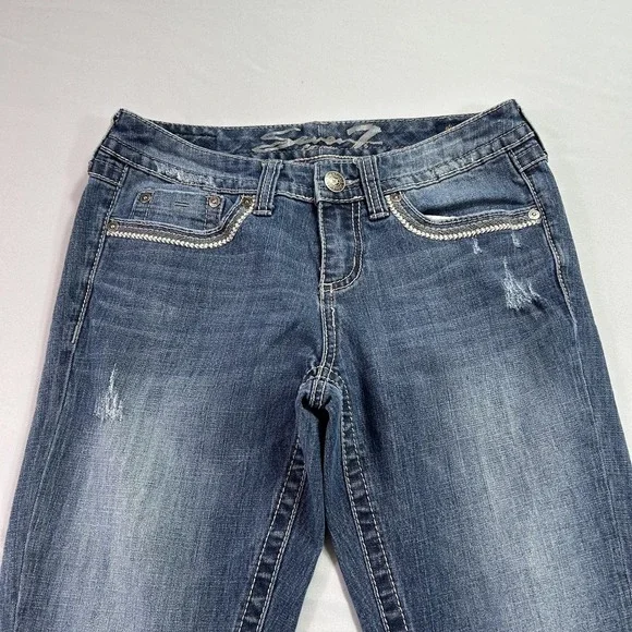 Seven7 Jeans Womens 4 Blue Slim Straight Mid Rise Distressed Stretch Denim - Picture 3 of 12